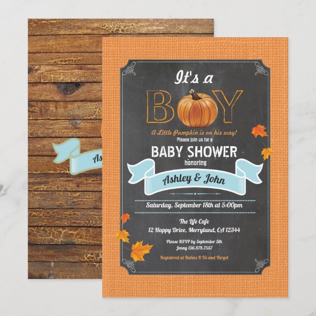 Pumpkin baby shower rustic burlap chalkboard invitation (Front/Back)
