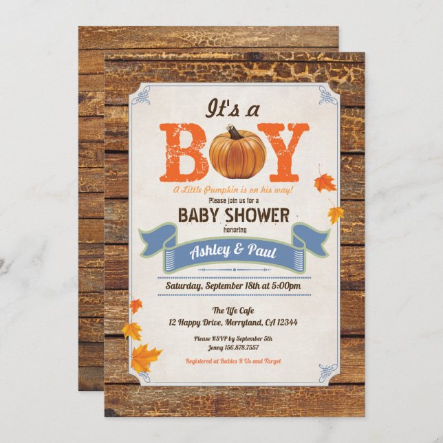 Pumpkin baby shower rustic invitation retro wood (Front/Back)