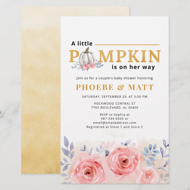 Pumpkin Baby Shower Watercolor Lilac Pink Rose Stationery (Front/Back)