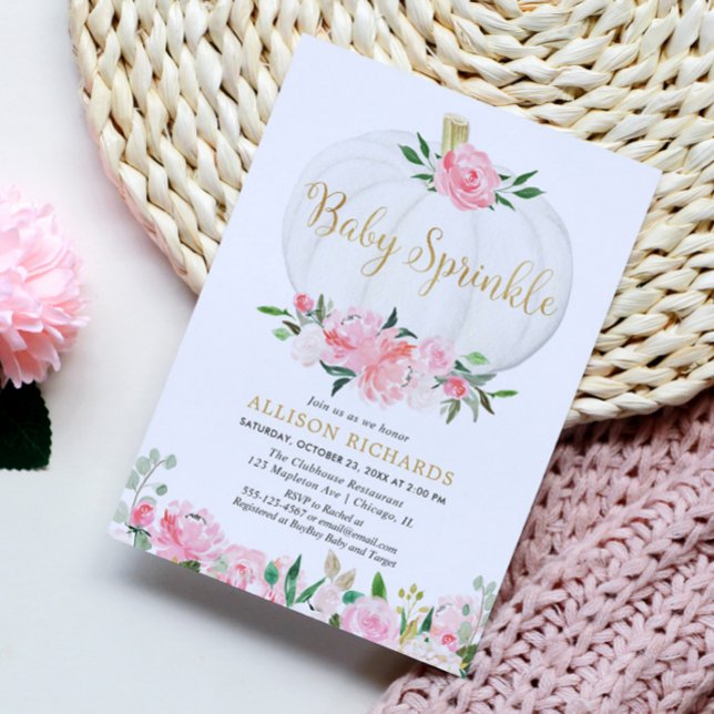Pumpkin baby sprinkle pink gold girl baby shower invitation (Creator Uploaded)