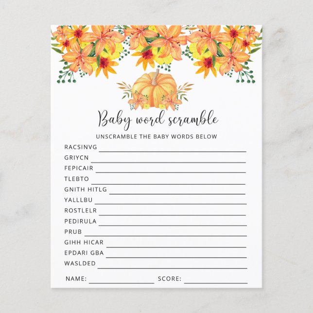 Pumpkin - Baby Word Scramble | Baby Shower Game (Front)