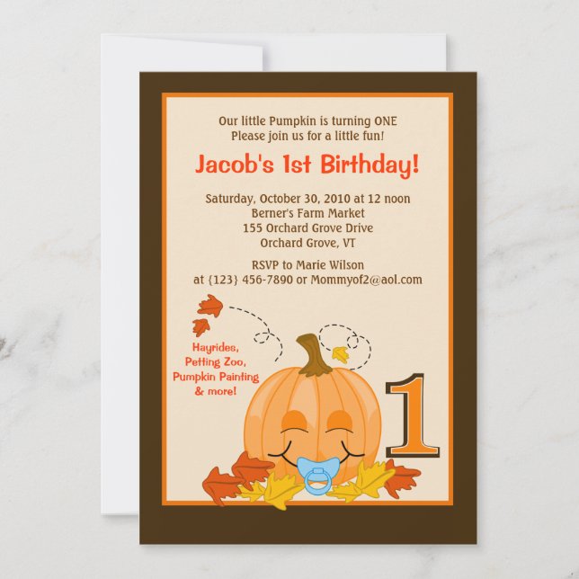 Pumpkin Baby's 1st Birthday Halloween 5x7 Invite (Front)