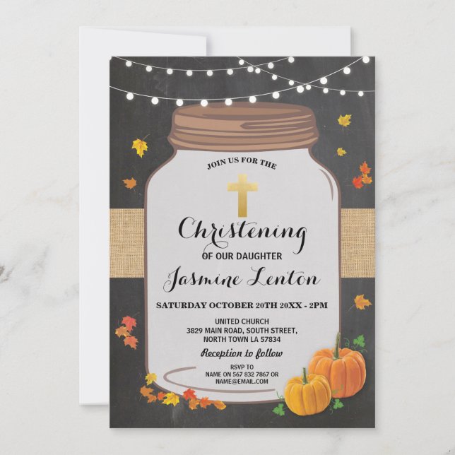 Pumpkin Baptism Cross Fall Christening Wood Jar Invitation (Front)