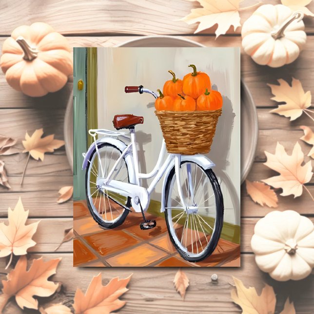 Pumpkin Basket Bicycle Fall Watercolor Holiday Postcard (Creator Uploaded)