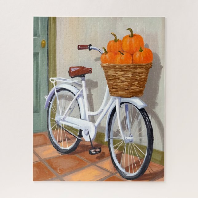 Pumpkin Basket Bicycle Fall Watercolor Jigsaw Puzzle (Vertical)