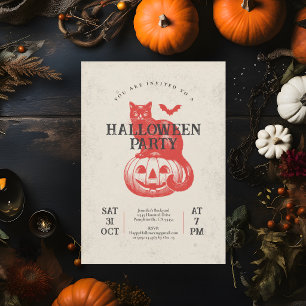 Pumpkin Bat and Cat Orange Vintage Halloween Party Invitation