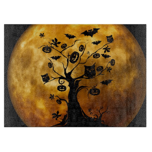 Pumpkin, Bat, Owl, and Orange Moon Cutting Board (Front)