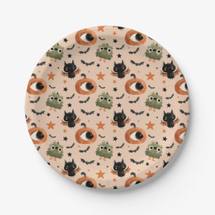 Pumpkin Bat Stars Pattern Whimsical Halloween Paper Plate