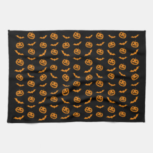 Pumpkin Bat Trick or Treat Black Tea Towel
