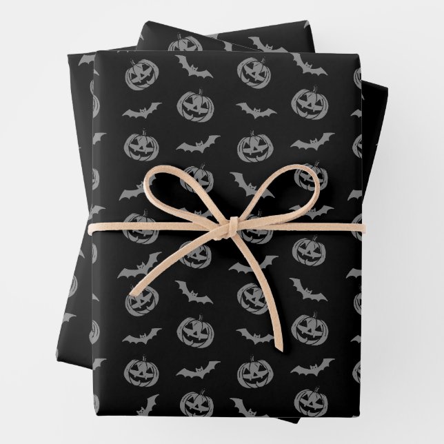 Pumpkin Bat Trick or Treat Grey on Black Pattern Wrapping Paper Sheet (In situ)