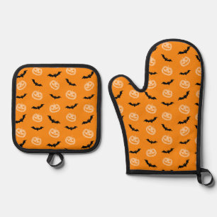 Pumpkin Bat Trick or Treat Orange Pattern Oven Mitt & Pot Holder Set