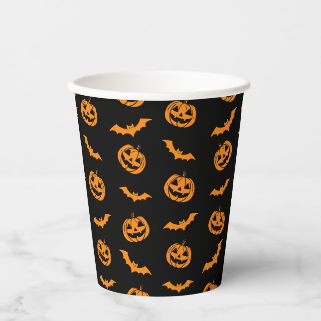 Pumpkin Bat Trick or Treat Party Dark Pattern Paper Cups (Front)
