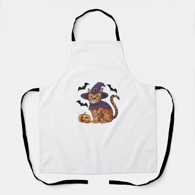 Pumpkin Bat Witch Costume Bengal Cat Halloween  Apron (Front)