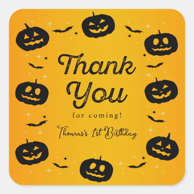 Pumpkin Bats Halloween Birthday Thank You Card Square Sticker | Zazzle