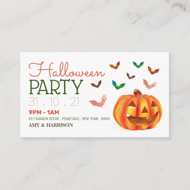 Pumpkin & Bats, Halloween Party Ticket Invitation (Front)