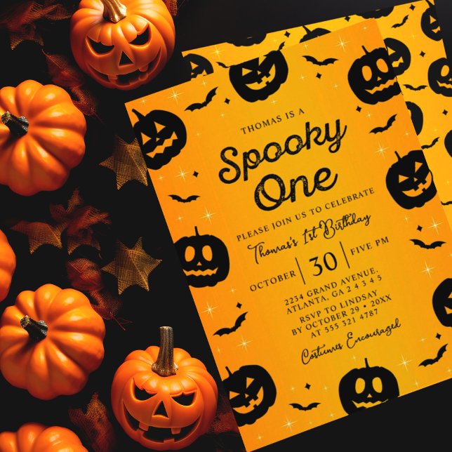 Pumpkin Bats Halloween Spooky One Birthday Party Invitation (Creator Uploaded)