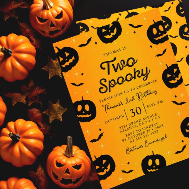 Pumpkin Bats Halloween Two Spooky Birthday Party Invitation (Creator Uploaded)