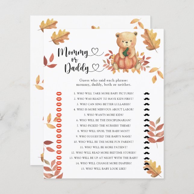 Pumpkin bear - mummy or daddy baby shower game (Front/Back)