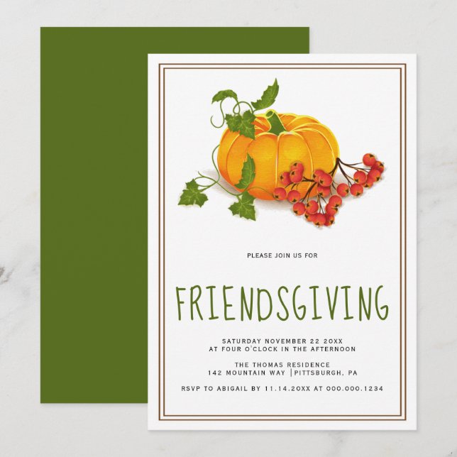 Pumpkin, berries and brown frame Friendsgiving Invitation (Front/Back)