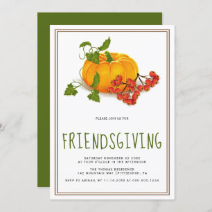 Pumpkin, berries and brown frame Friendsgiving Invitation