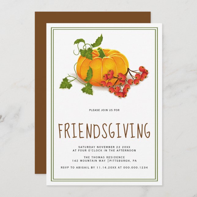 Pumpkin, berries and green frame Friendsgiving Invitation (Front/Back)