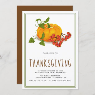 Pumpkin, berries and green frame Thanksgiving Invitation