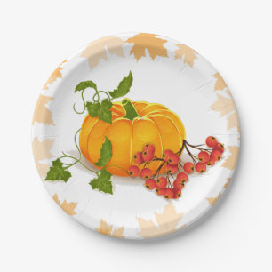 Pumpkin, berries and leaves fall Thanksgiving Paper Plate