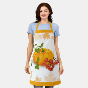 Pumpkin, berries, leaves, border fall Thanksgiving Apron