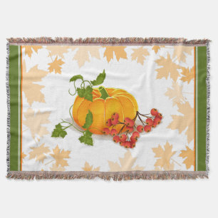 Pumpkin, berries, leaves, border fall Thanksgiving Throw Blanket