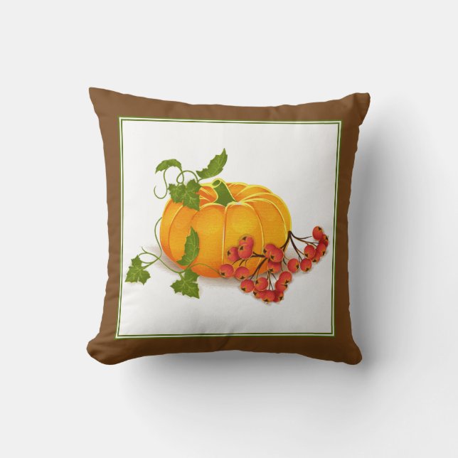 Pumpkin, berries, leaves brown fall Thanksgiving Cushion (Front)