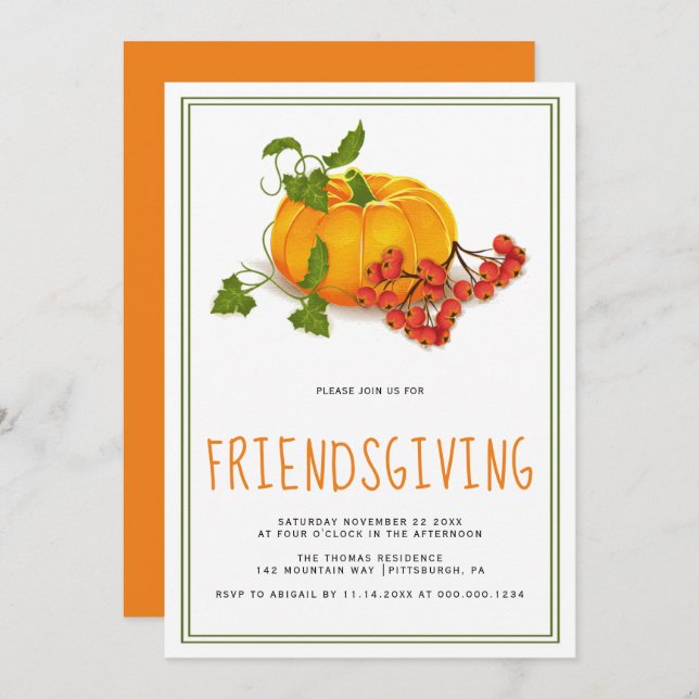 Pumpkin, berries orange back Friendsgiving Invitation (Front/Back)