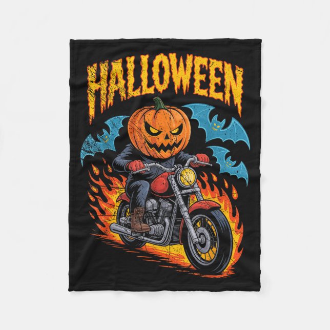 Pumpkin Biker Riding A Motorcycle Halloween Costum Fleece Blanket (Front)