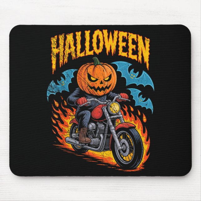 Pumpkin Biker Riding A Motorcycle Halloween Costum Mouse Mat (Front)