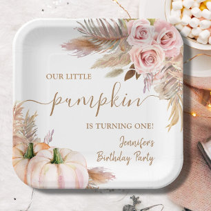 Pumpkin Birthday Boho Fall Pink Autumn Girl Paper Plate