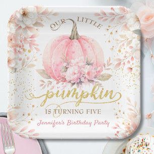 Pumpkin Birthday Girl Pink Gold Floral Autumn Paper Plate