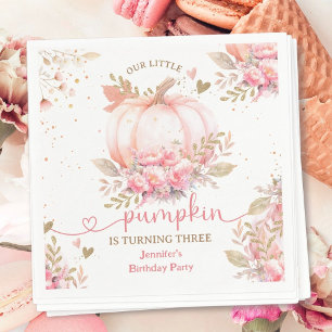 Pumpkin Birthday Girl Pink Gold Modern Fall Napkin