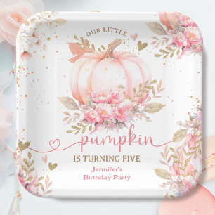 Pumpkin Birthday Girl Pink Gold Modern Fall Paper Plate