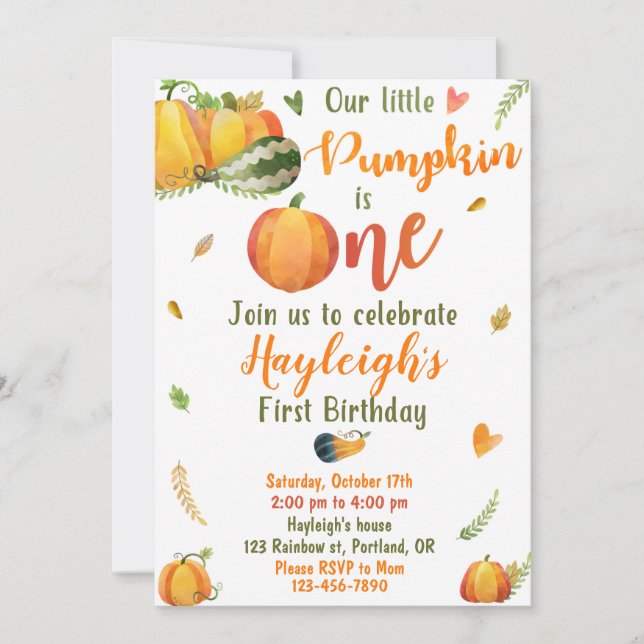 Pumpkin birthday invitation Fall invitation girl (Front)