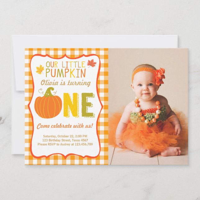 Pumpkin Birthday invitation Orange First Birthday (Front)