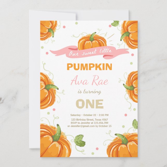 Pumpkin Birthday invitation Pink First Birthday (Front)