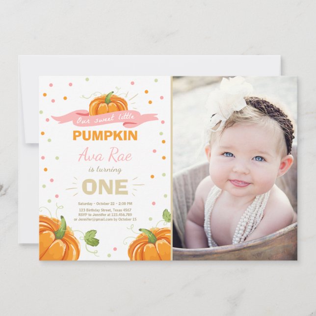 Pumpkin Birthday invitation Pink First Birthday (Front)