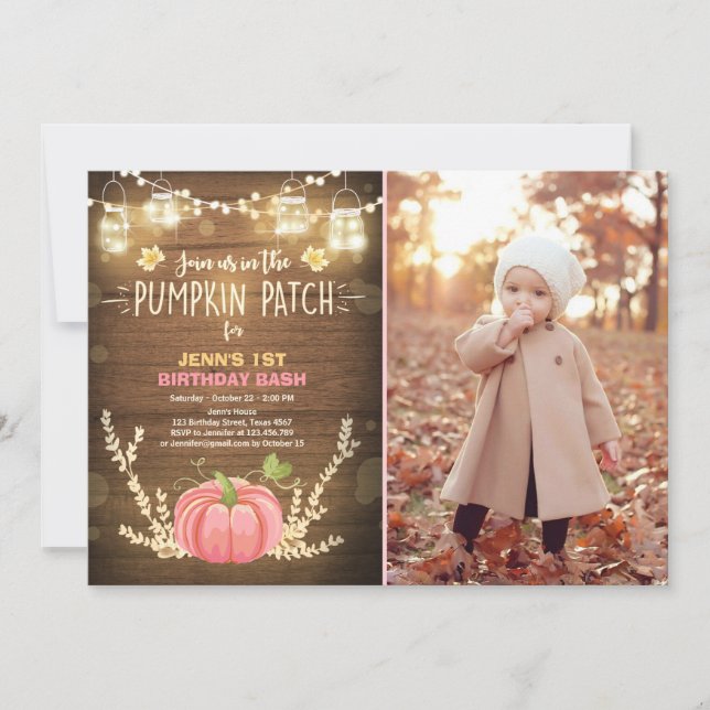 Pumpkin Birthday invitation Pink Girl Birthday (Front)