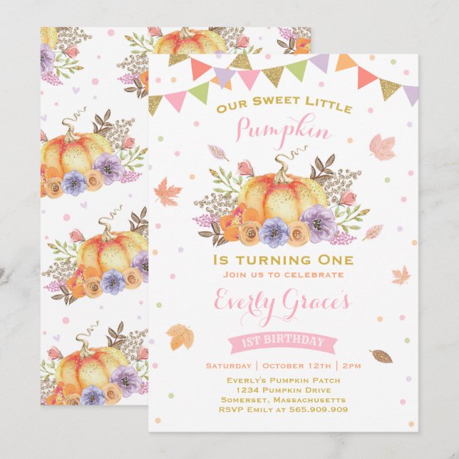 Pumpkin Birthday Invitation Pink & Gold Fall Party (Front/Back)