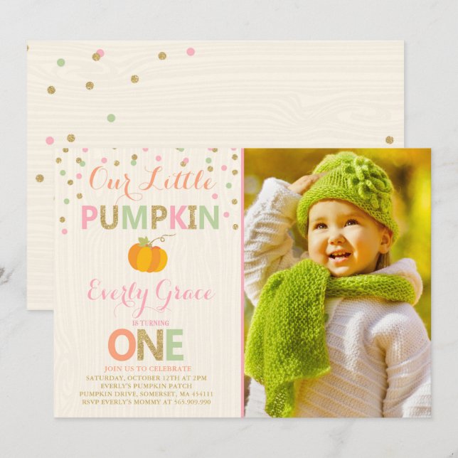 Pumpkin Birthday Invitation Pink Gold Pumpkin (Front/Back)