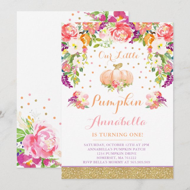 Pumpkin Birthday Invitation Pink Gold Pumpkin (Front/Back)