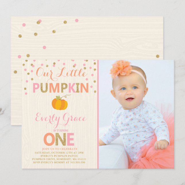 Pumpkin Birthday Invitation Pink Gold Pumpkin (Front/Back)