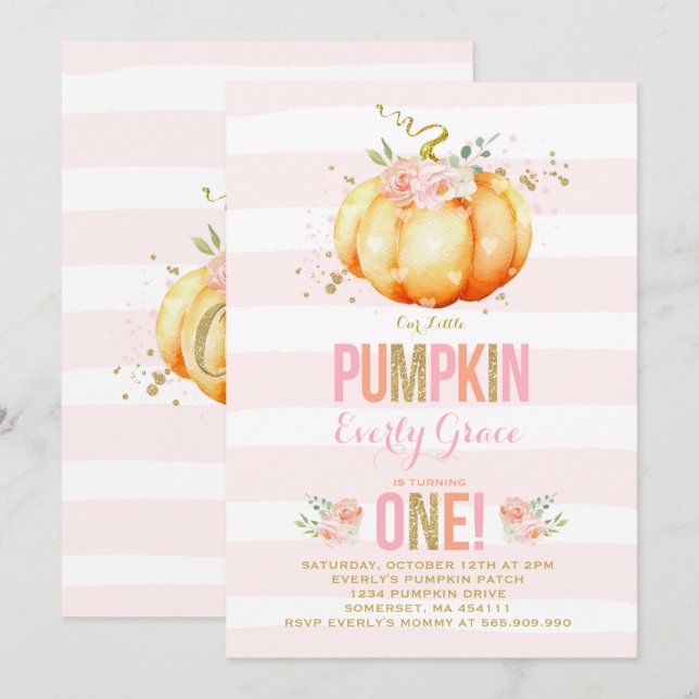 Pumpkin Birthday Invitation Pink Gold Pumpkin (Front/Back)