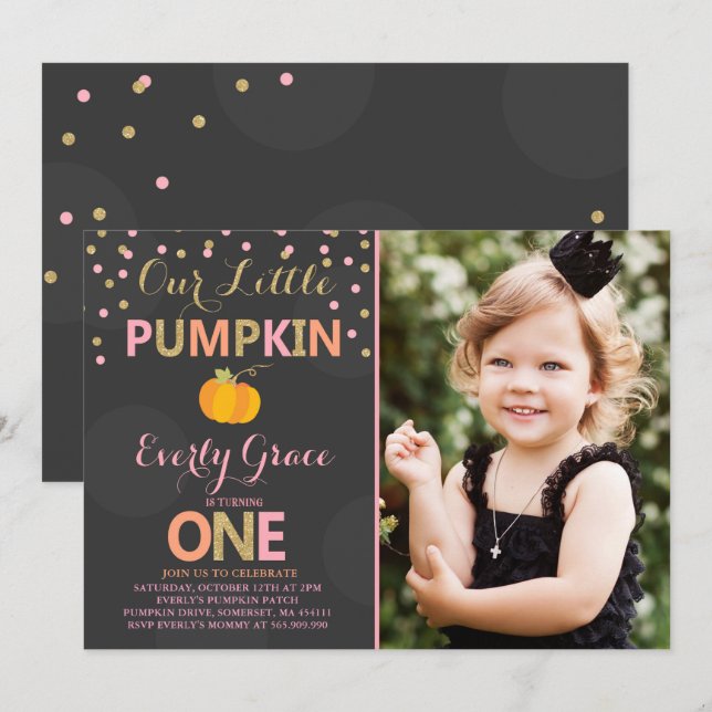 Pumpkin Birthday Invitation Pink Gold Pumpkin (Front/Back)