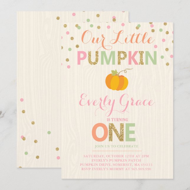 Pumpkin Birthday Invitation Pink Gold Pumpkin (Front/Back)