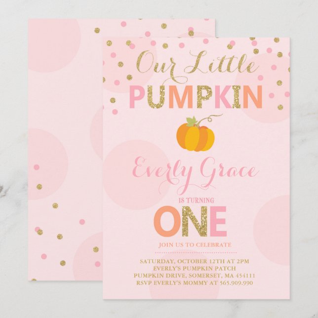 Pumpkin Birthday Invitation Pink Gold Pumpkin (Front/Back)